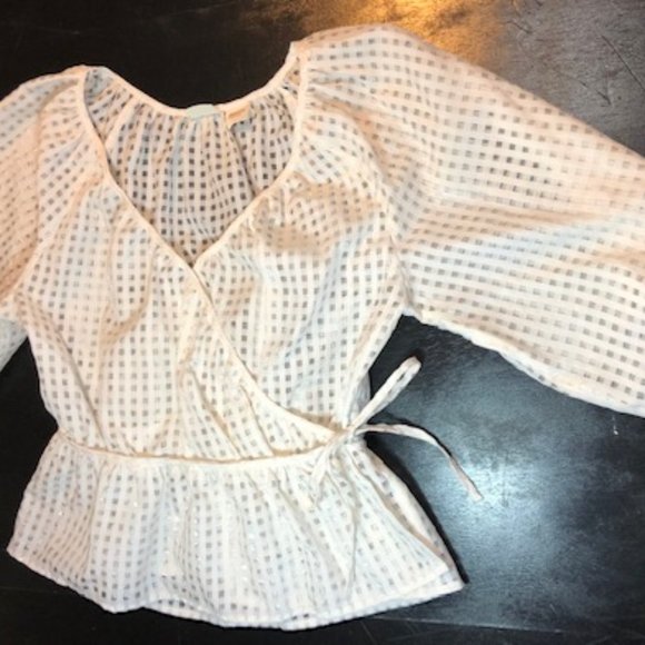 Levi’s White Delilah Wrap Top Puff Sleeve Sheer Windowpane Sugar Swizzle XS - Picture 5 of 7